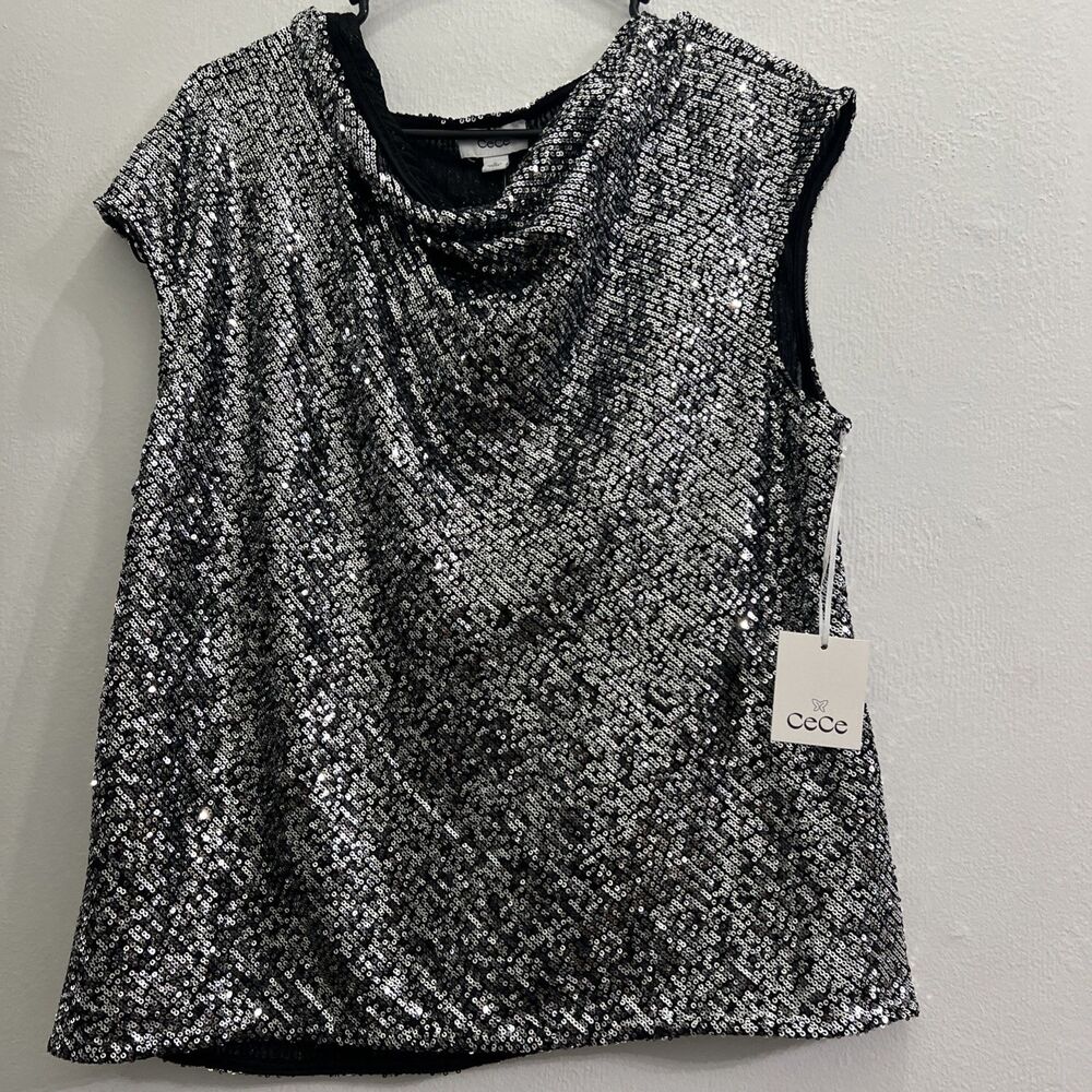 CeCe Women's Sleeveless Silver Sequin Crop Blouse Size XL